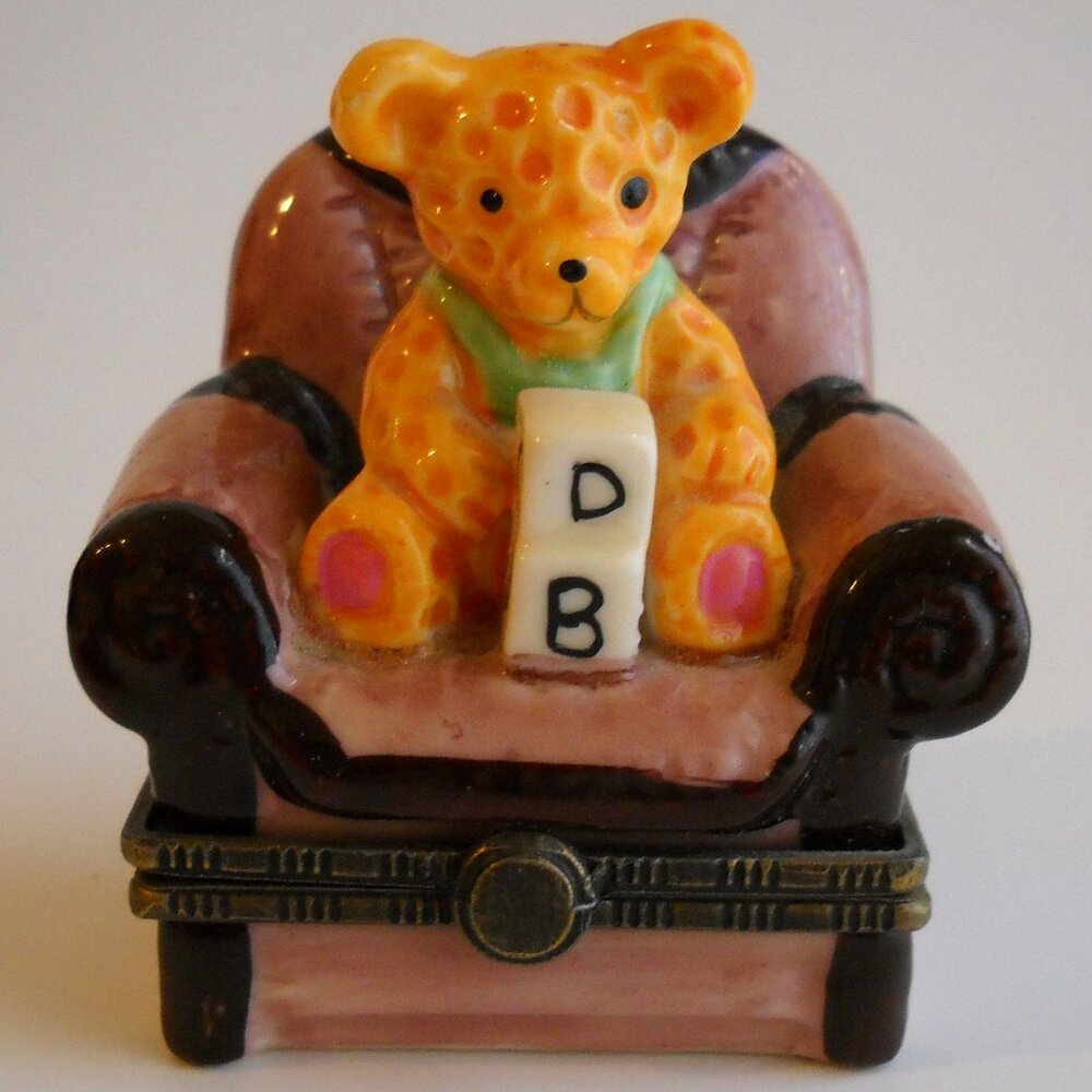 Teddy Bear Easy Chair Pill Box Case Jewelry Trinket Hinged Blocks DB Porcelain